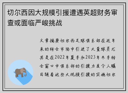 切尔西因大规模引援遭遇英超财务审查或面临严峻挑战 切尔西因大规模引援遭遇英超财务审查或面临严峻挑战
