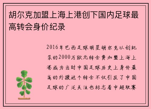 胡尔克加盟上海上港创下国内足球最高转会身价纪录 胡尔克加盟上海上港创下国内足球最高转会身价纪录